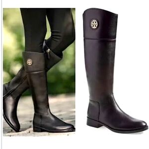 Black Leather Riding Boots with Gold Logo Tory Burch boots tall black boots
